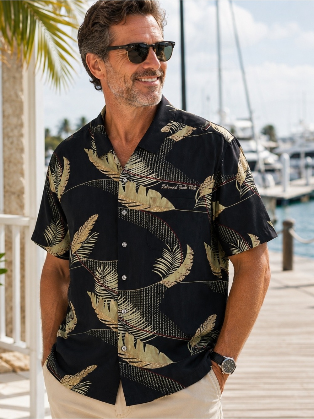 Aureus Silk Blend Hawaiian Mens XL Black Tropical Leaf Print Resort Camp Shirt